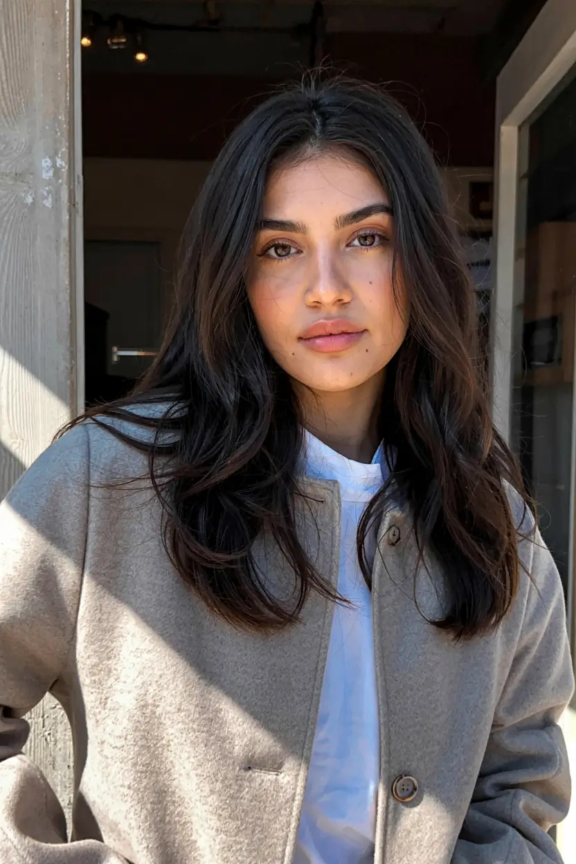 fall haircut for round face 2025+Mocha Soft Layers with Middle Part