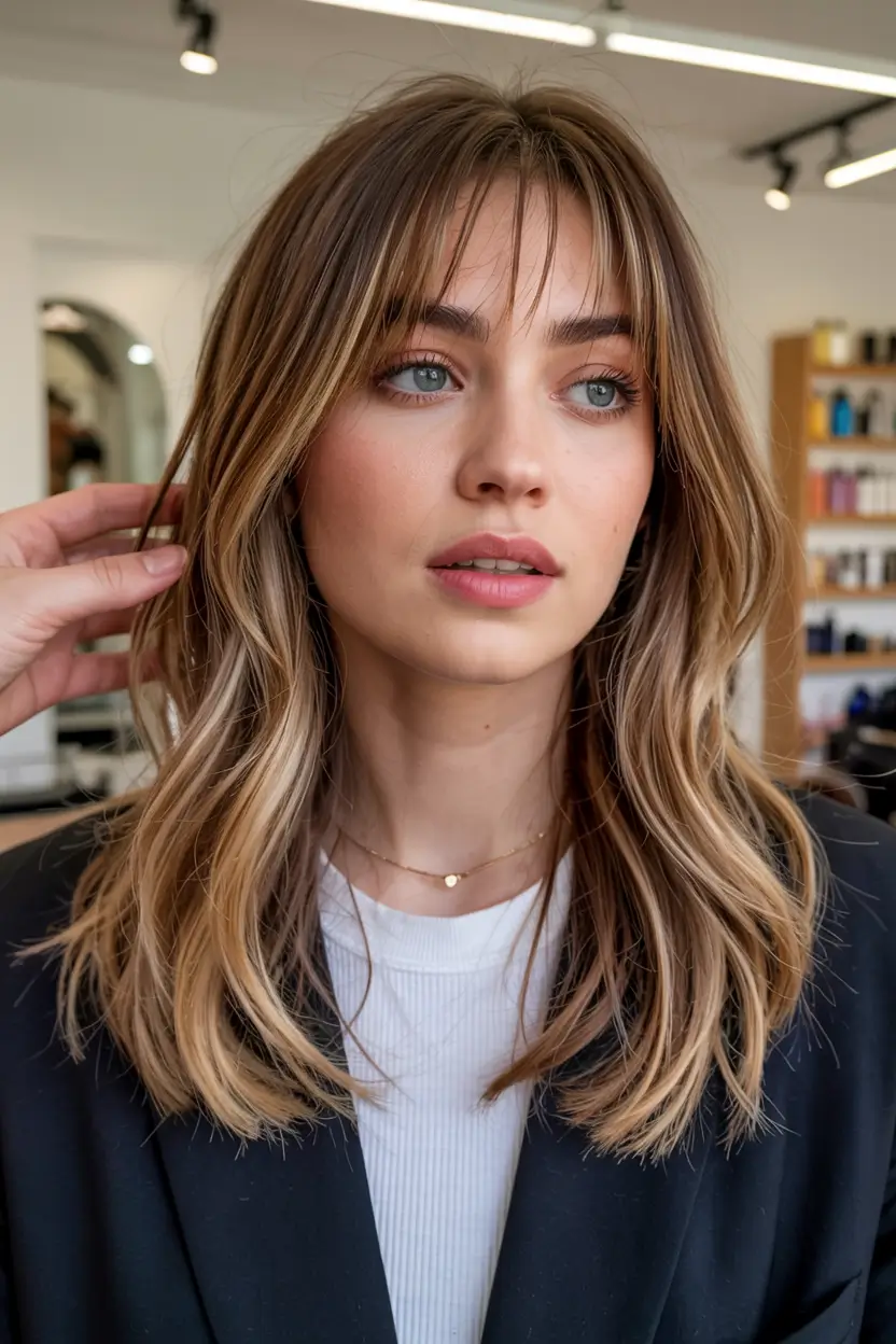 fall haircut for round face 2025+Face-Framing Waves with Modern Fringe