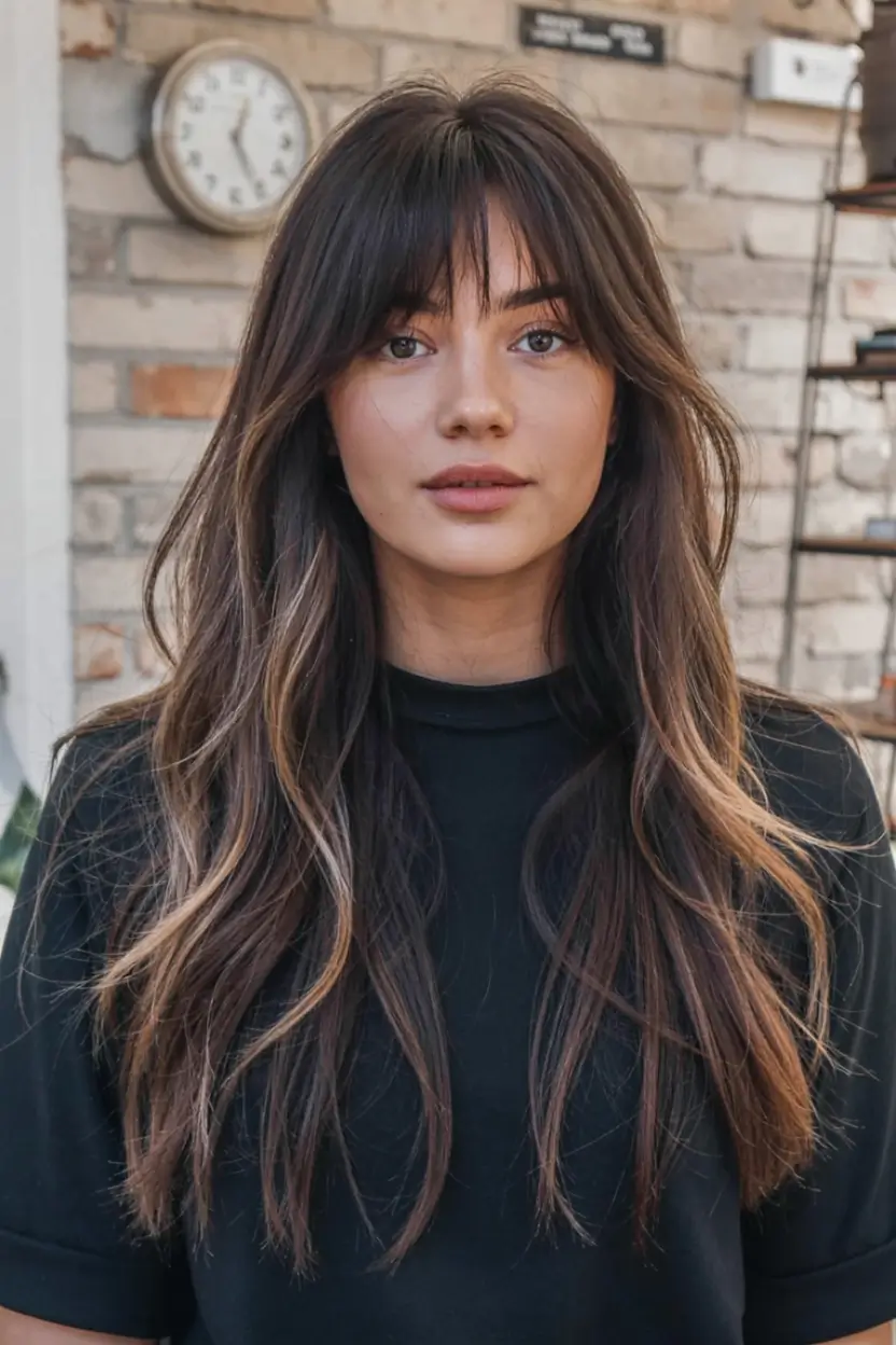 fall haircut with bangs 2025 Classic Brunette with Modern Layers