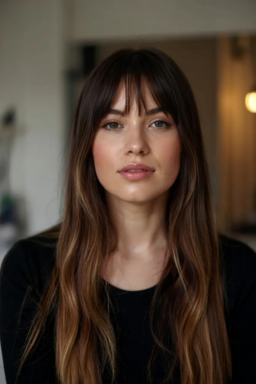 fall haircut with bangs 2025 Glossy Brunette Layers with Precision Fringe