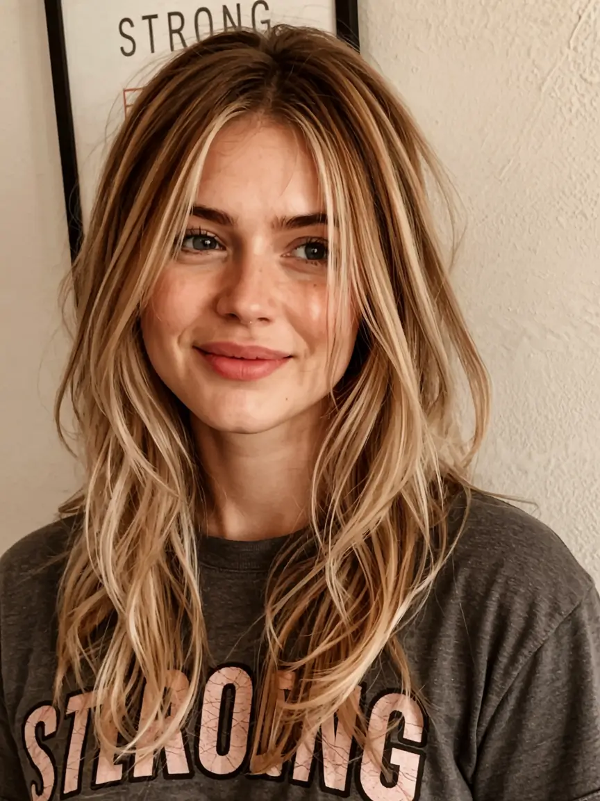 fall haircut with bangs 2025 Layered Blonde with Airy Curtain Bangs