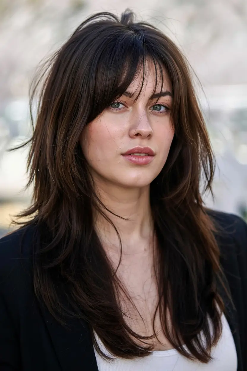 fall haircut with bangs 2025 Layered Espresso Shag with Full Fringe