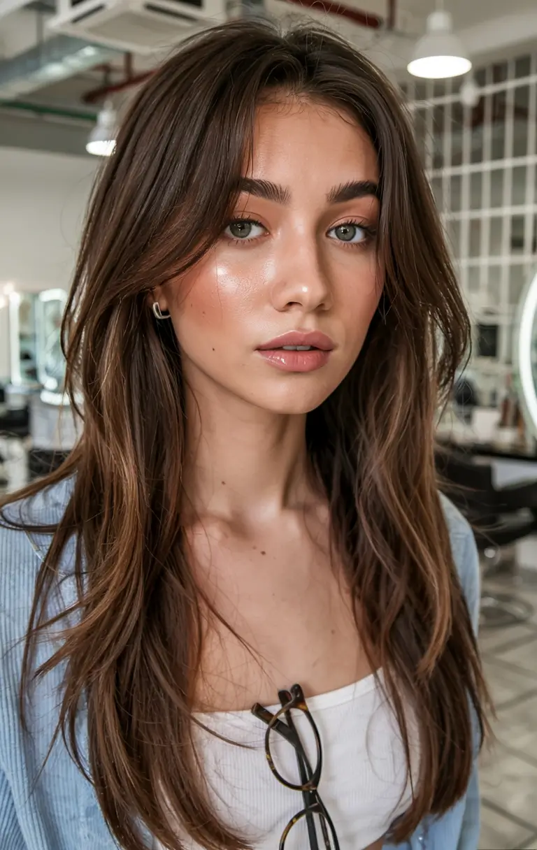 fall haircut with bangs 2025 Glossy Brunette with Soft Middle-Parted Bangs