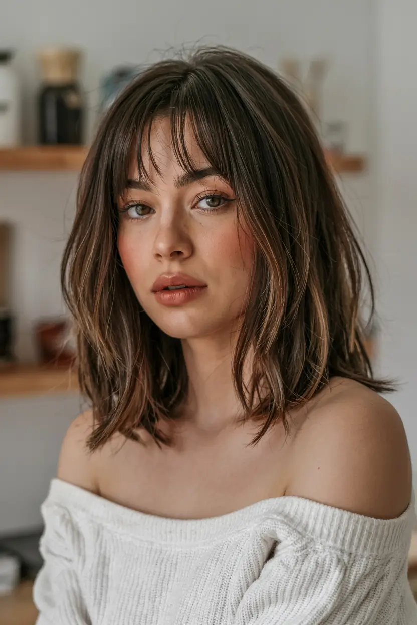fall haircut with bangs 2025 Subtle Lob with Tousled Fringe