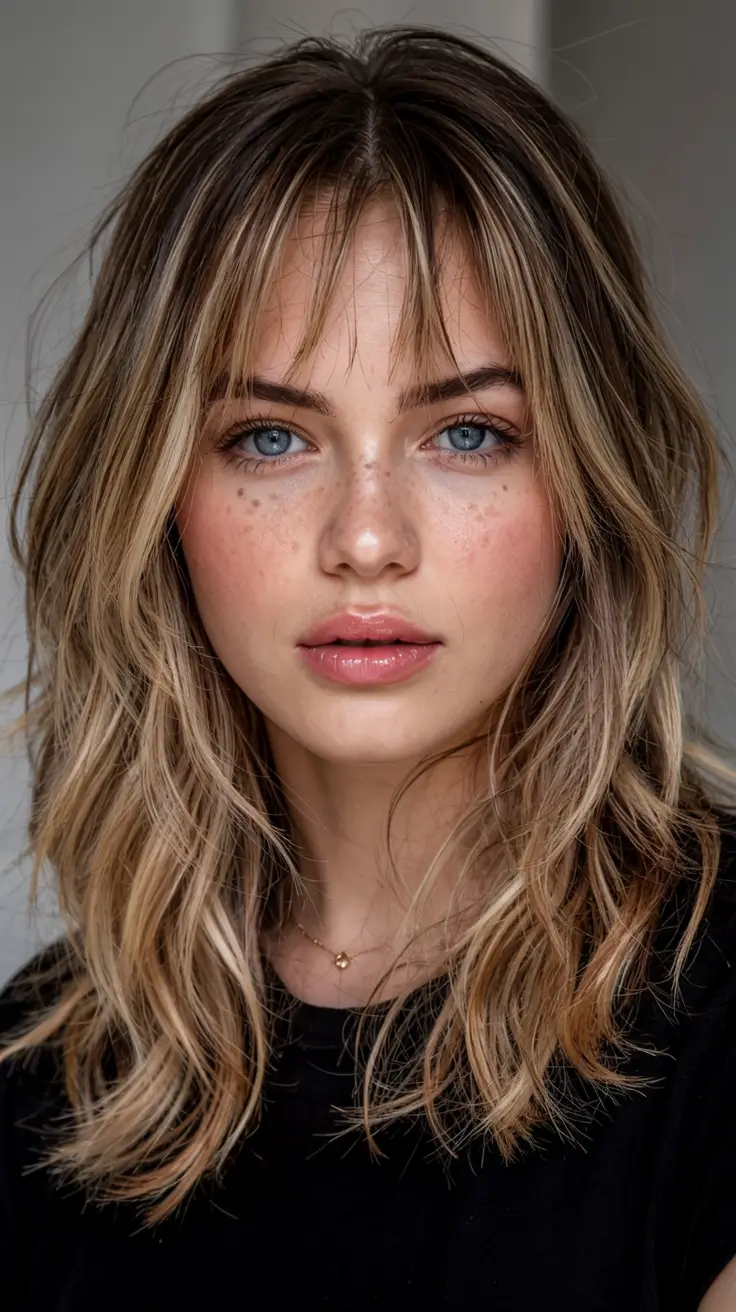 fall haircut with bangs 2025 Cool Blonde Waves with Shattered Bangs