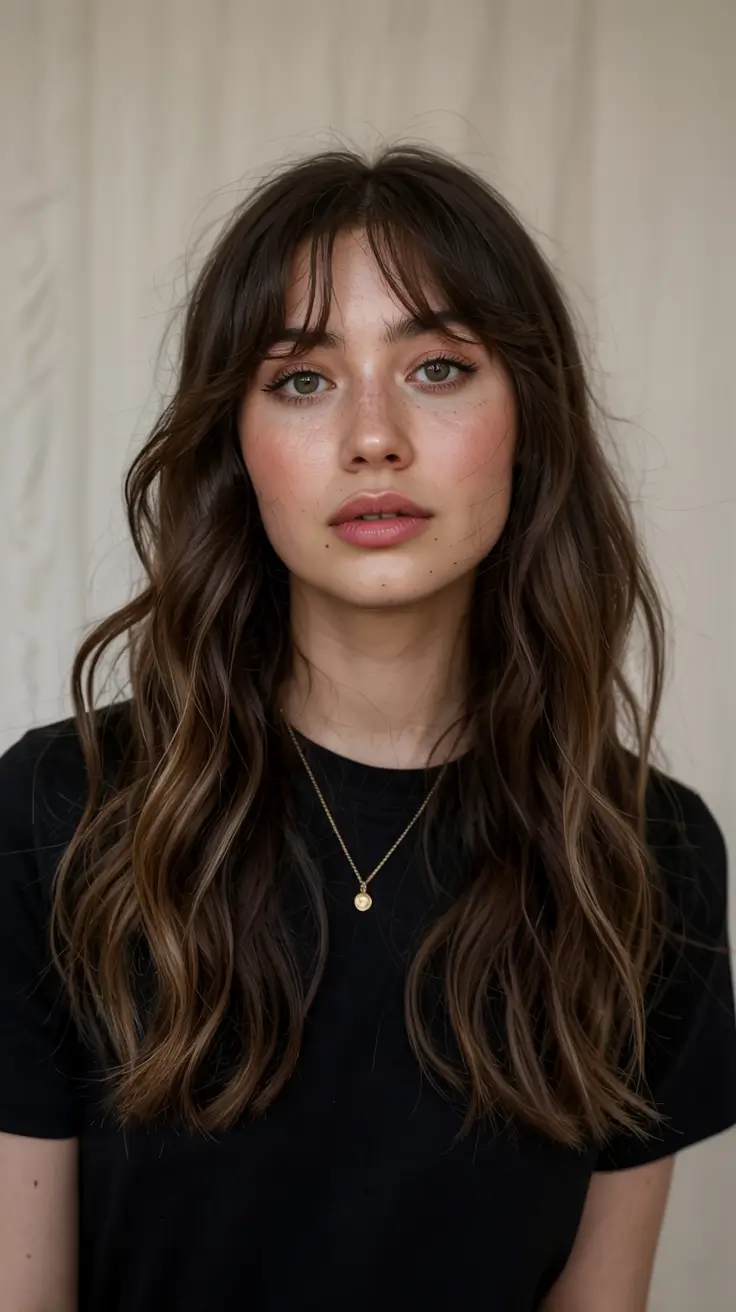 fall haircut with bangs 2025 Warm Brunette Waves with Romantic Fringe