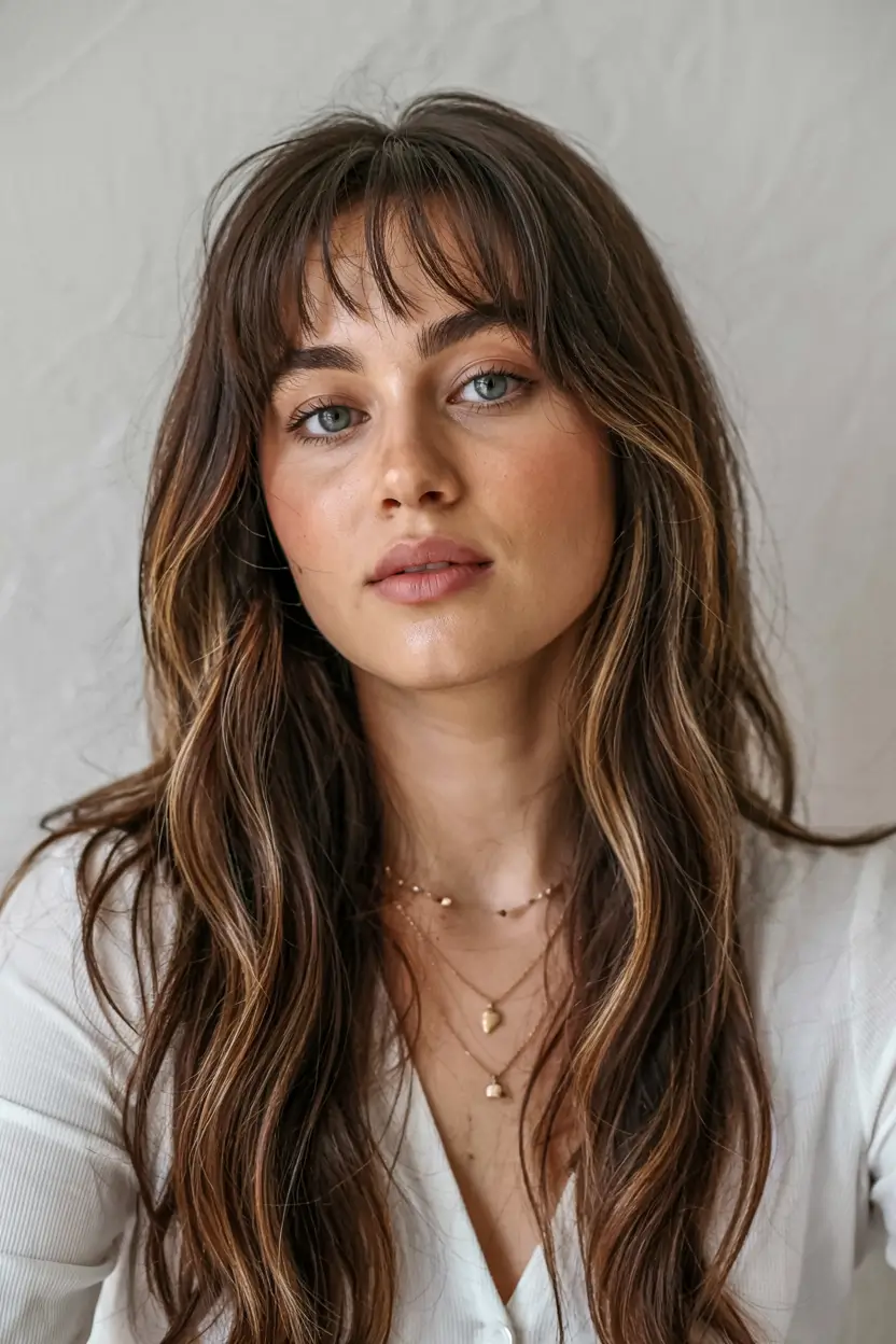 fall haircut with bangs 2025 Long Brunette Waves with Delicate Bangs