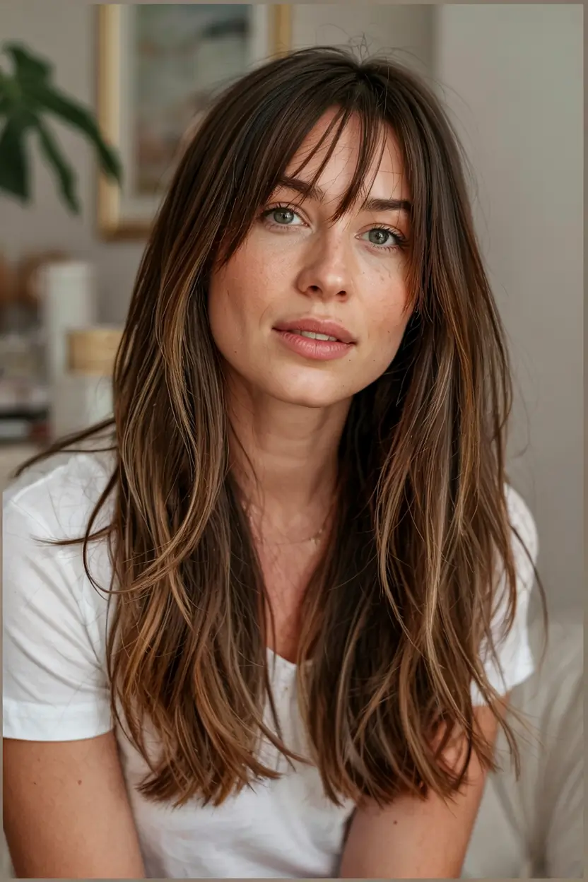 fall haircut with bangs 2025 Bronze Layers with Wispy Crown Bangs
