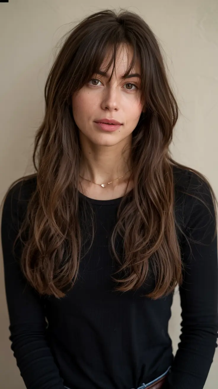 fall haircut with bangs 2025 Airy Chocolate Layers with Side Bangs