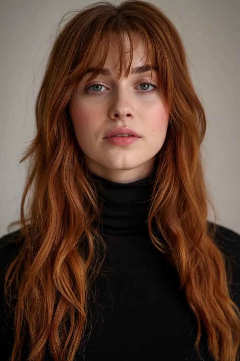 fall haircut with bangs 2025 Rust Tones and Shaggy Fringe