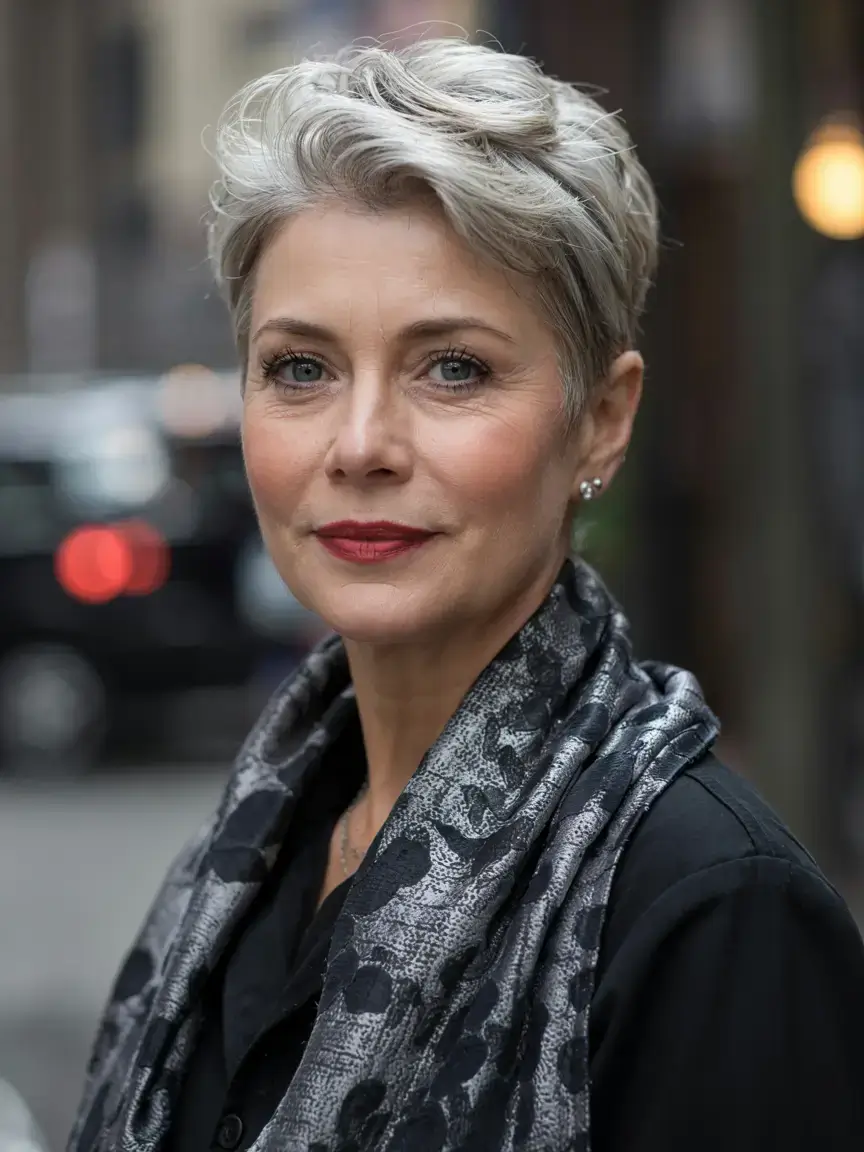 fall haircuts for women over 60 ideas 2025 Sculpted Silver Pixie with a Polished Finish