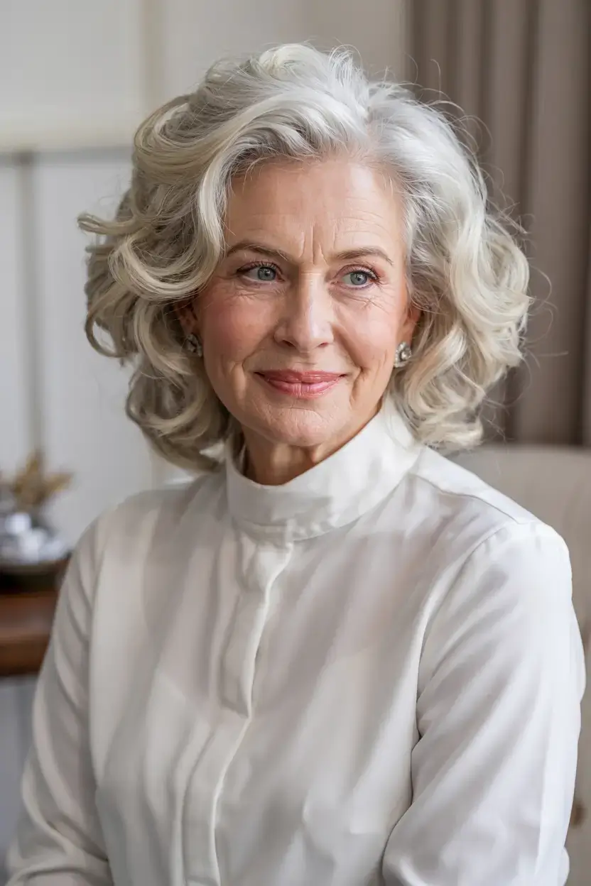 fall haircuts for women over 60 ideas 2025 Classic Curled Bob in Platinum Snow