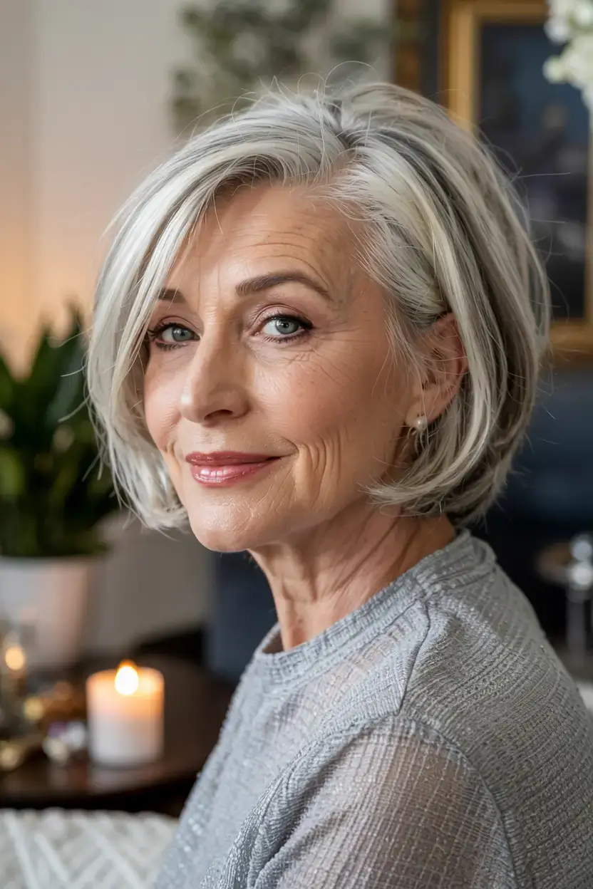fall haircuts for women over 60 ideas 2025 Precision Bob with Dramatic Side Part