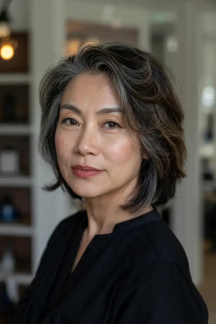 fall haircuts for women over 60 ideas 2025 Salt-and-Pepper Mid-Length with Lived-In Layers