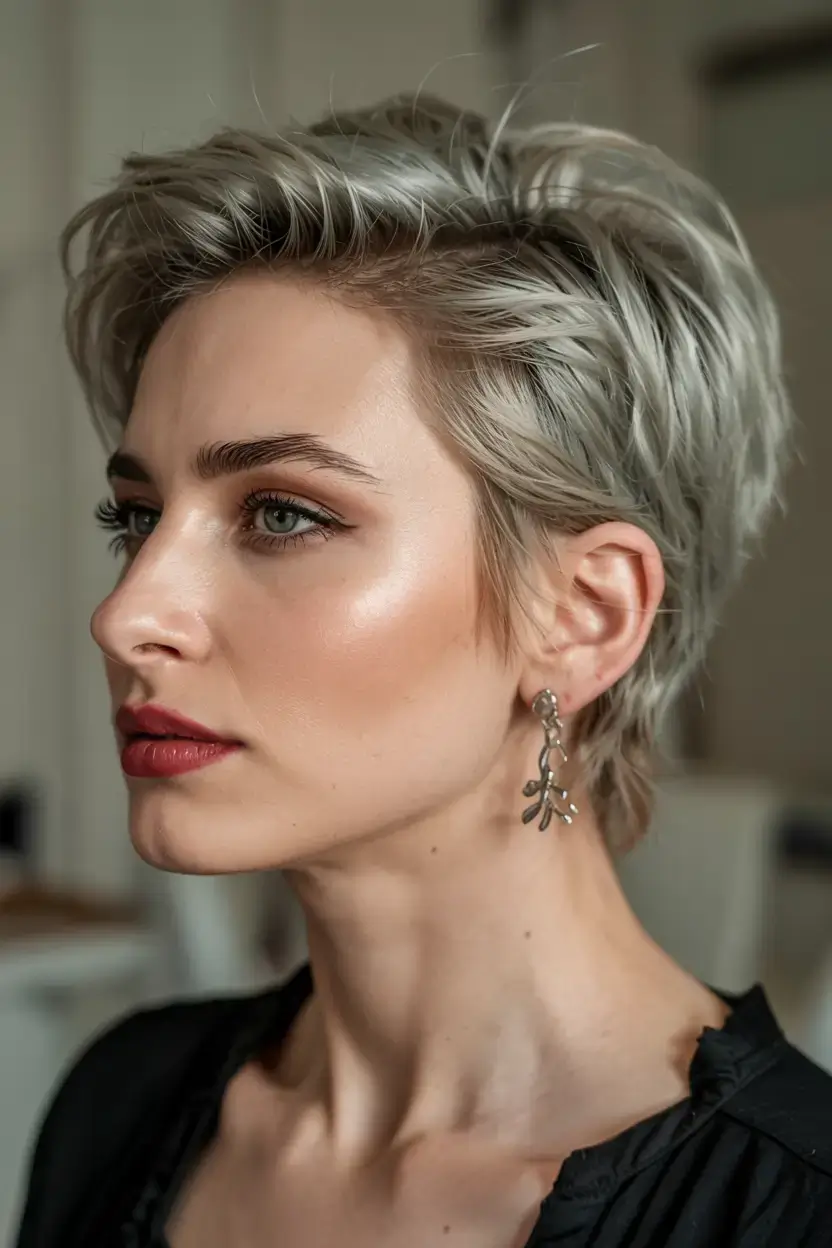 fall haircuts for women over 60 ideas 2025 Frosted Ash Pixie with Sculpted Movement