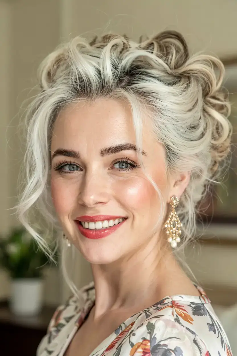 fall haircuts for women over 60 ideas 2025 Voluminous Frosted Updo with Soft Whimsy