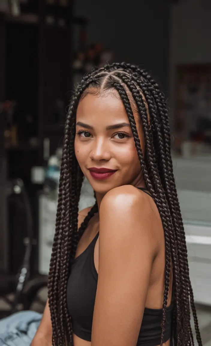 fall hairstyle black women 2025 Classic Knotless Braids with a Middle Part