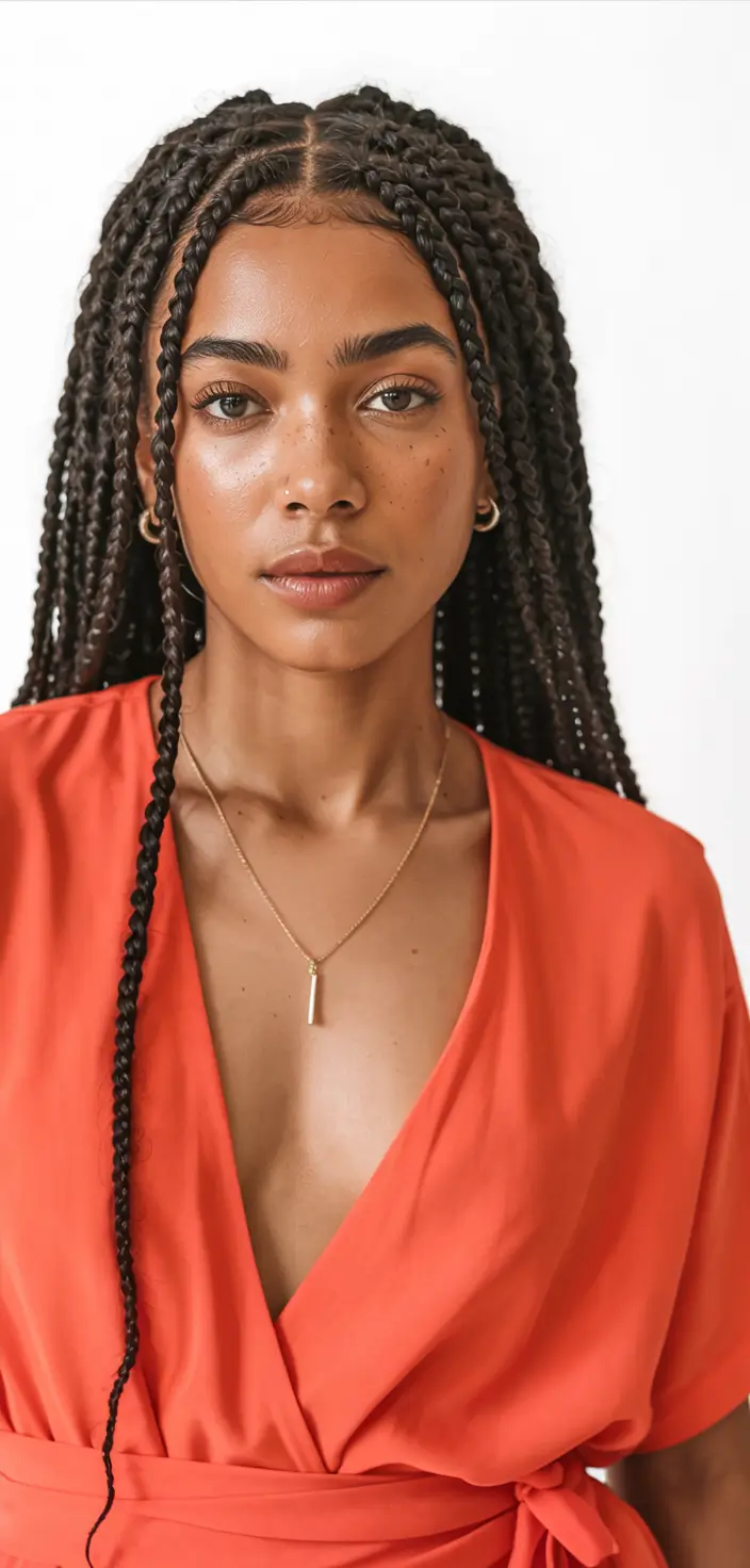 fall hairstyle black women 2025 Deep-Parted Knotless Braids with Length