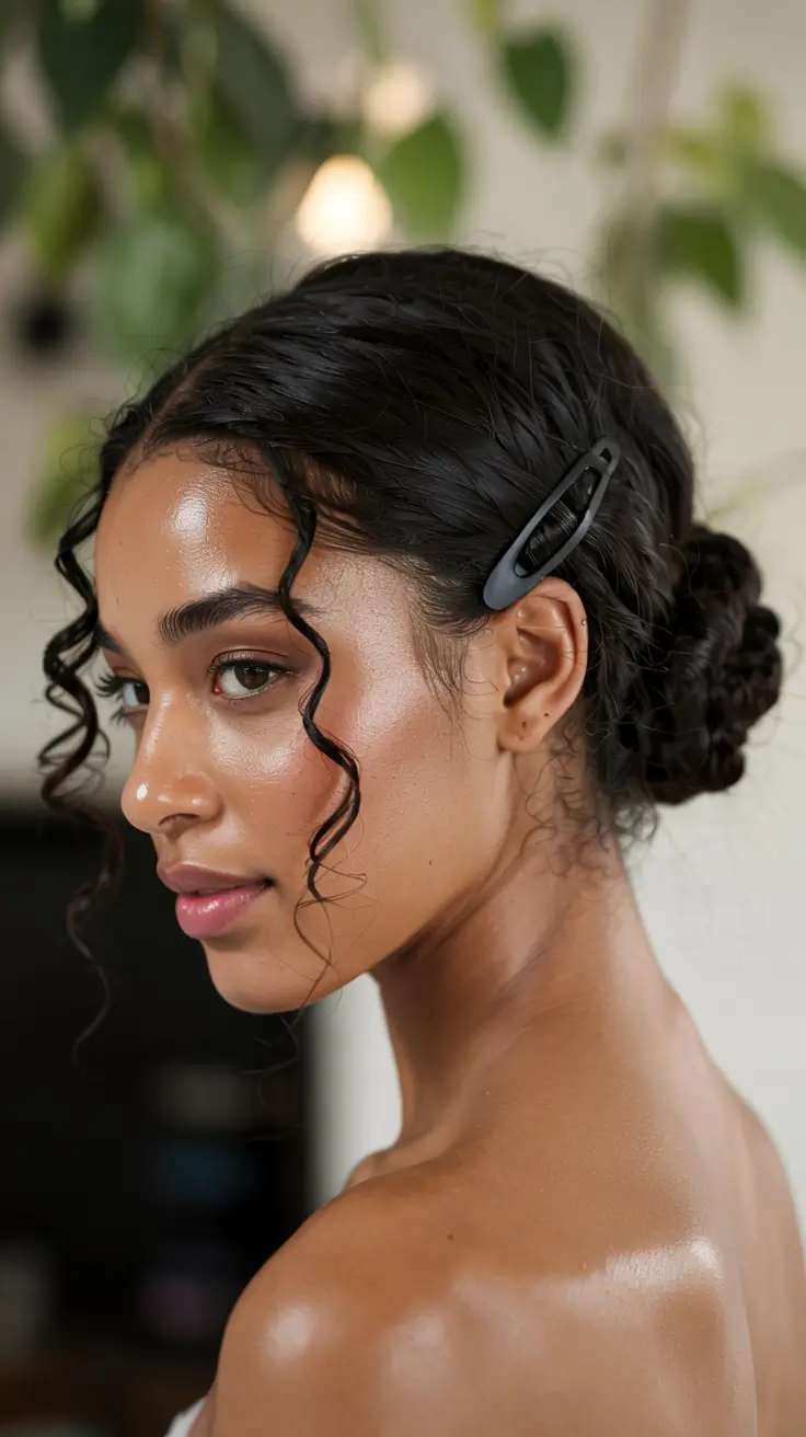 fall hairstyle black women 2025 Sleek Low Bun with Soft Waves and Clip Accent