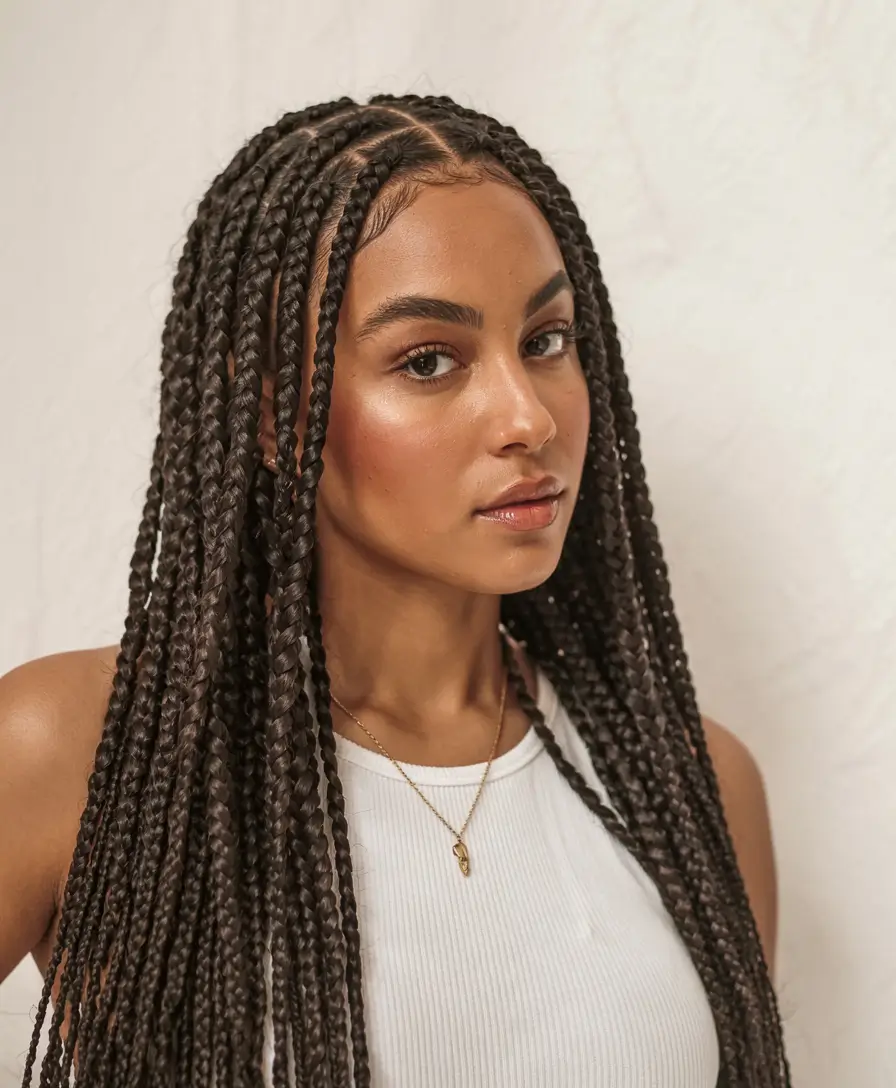 fall hairstyle black women 2025 Defined Middle-Parted Braids with Uniform Finish