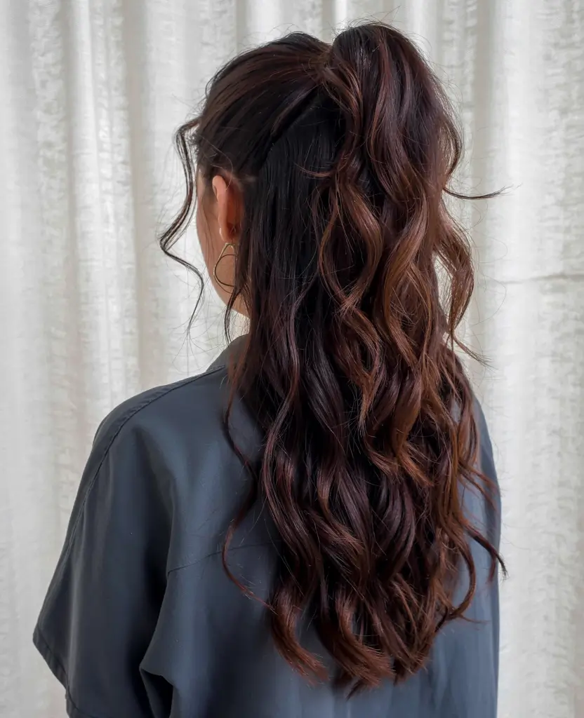 fall hairstyle black women 2025 Chocolate Soft Waves in a High Half Ponytail