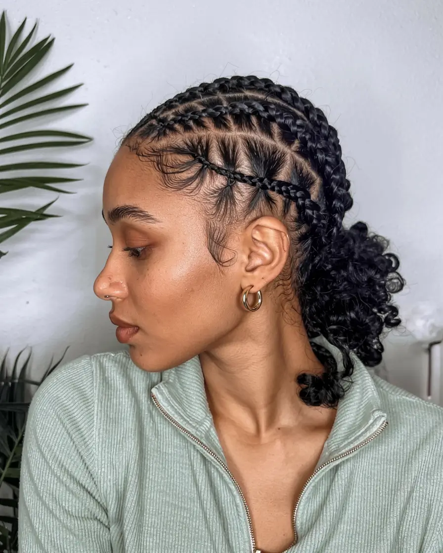 fall hairstyle black women 2025 Angled Feed-In Braids into Defined Curls