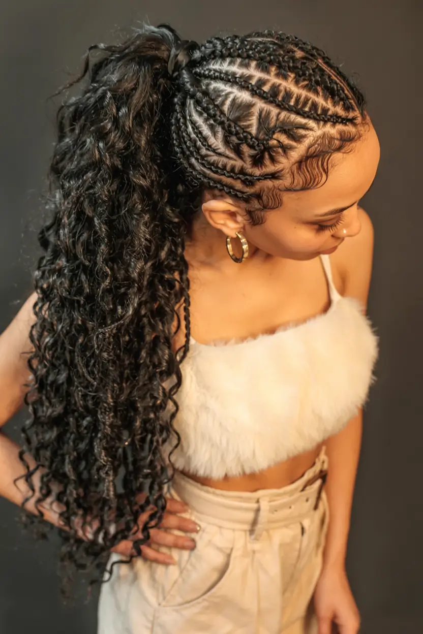fall hairstyle black women 2025 Curved Cornrows into Curly Ponytail