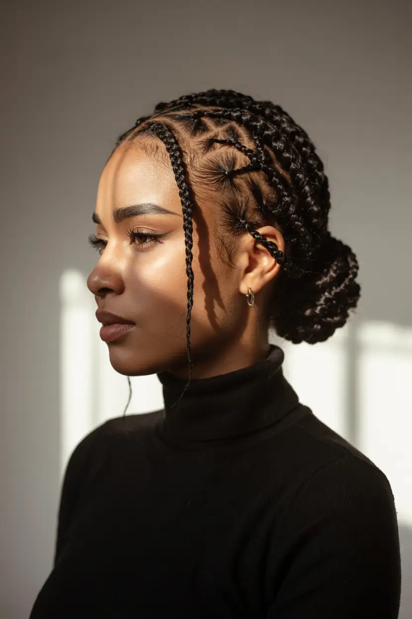 fall hairstyle black women 2025 Low Braided Bun with Tailored Symmetry