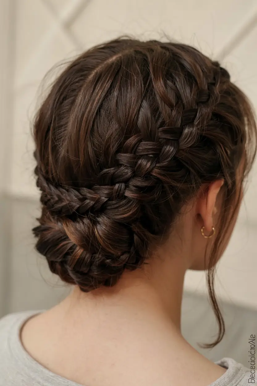 fall hairstyle for long hairs 2025+Intricate Braided Bun with French Crown Details