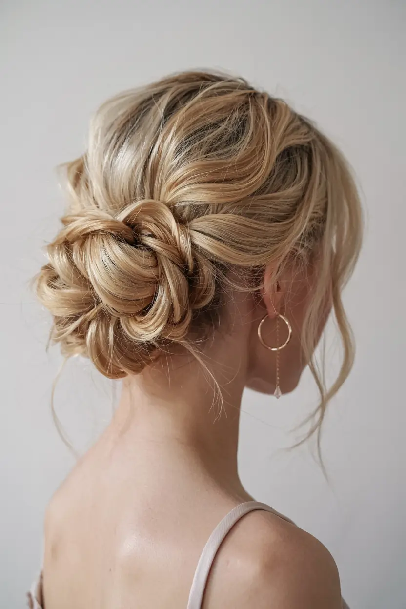 fall hairstyle for long hairs 2025+Blonde Braided Chignon with Soft Tendrils