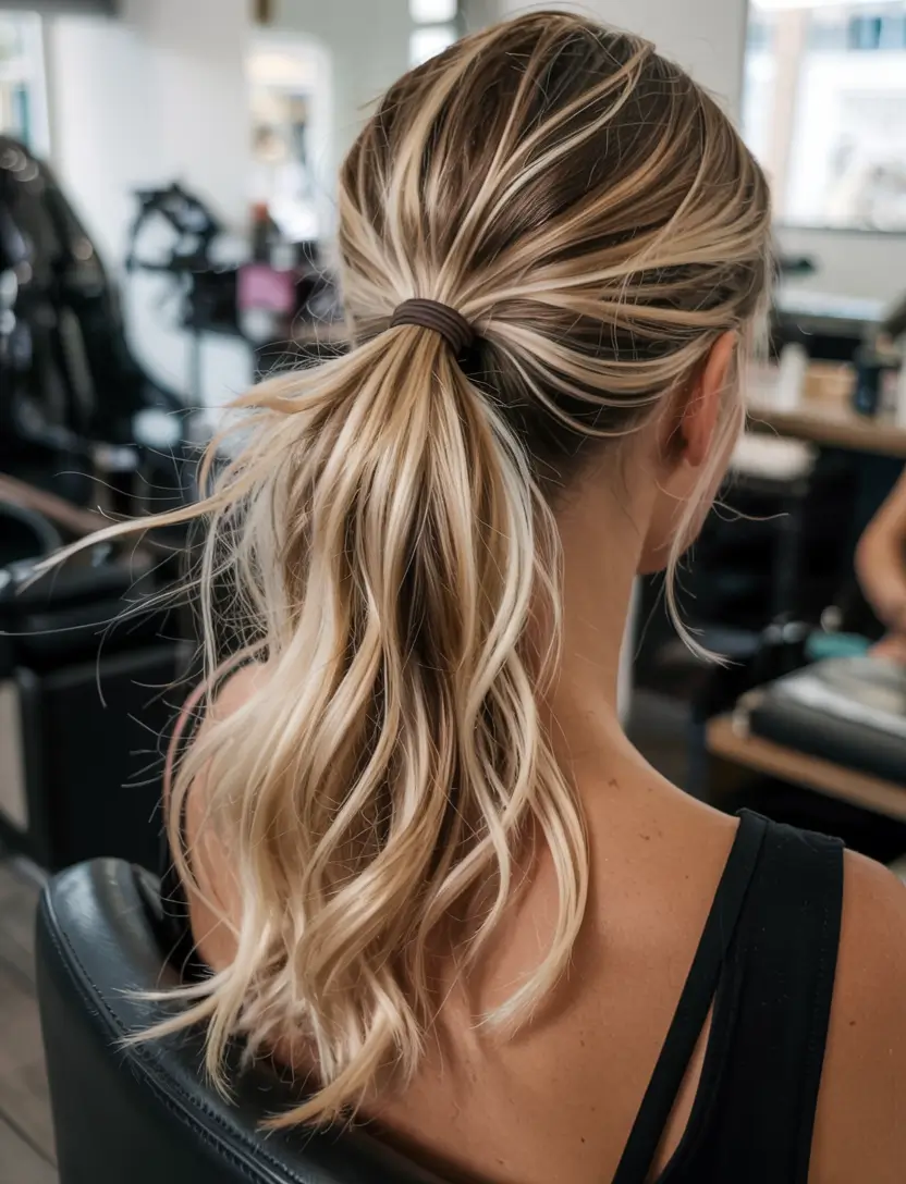 fall hairstyle for long hairs 2025+Effortless Low Pony with Soft Blonde Waves