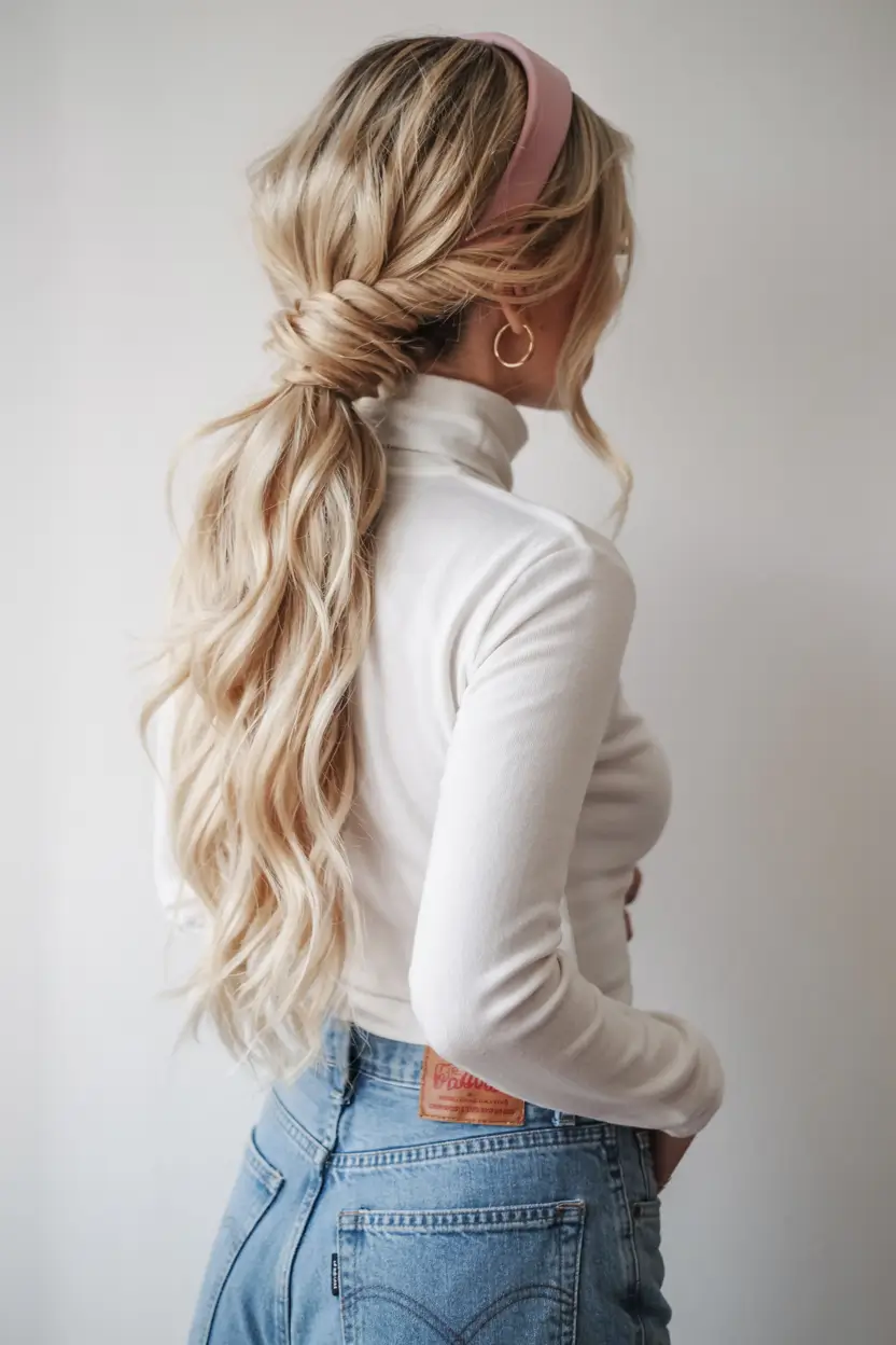 fall hairstyle for long hairs 2025+Wrapped Low Ponytail with Soft Waves and Headband