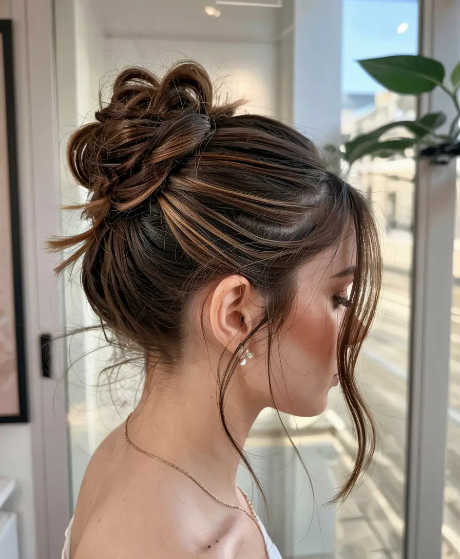 fall hairstyle for long hairs 2025+Layered Top Knot with Delicate Face Framing Pieces
