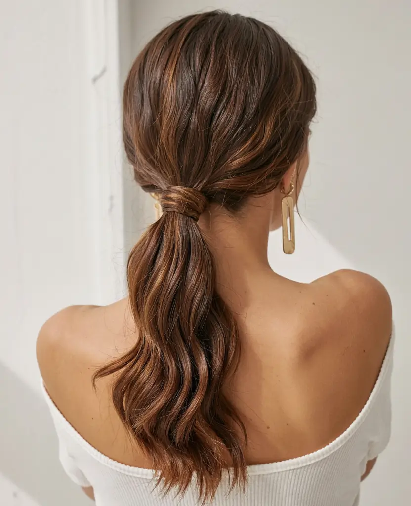fall hairstyle for long hairs 2025+Twist-Wrapped Ponytail with Cinnamon Brown Tones