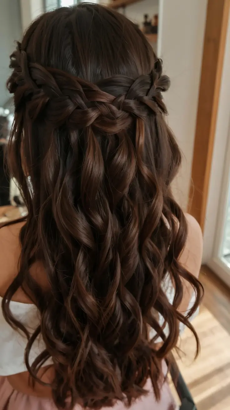 fall hairstyle for long hairs 2025+Interwoven Waterfall Braid with Defined Waves