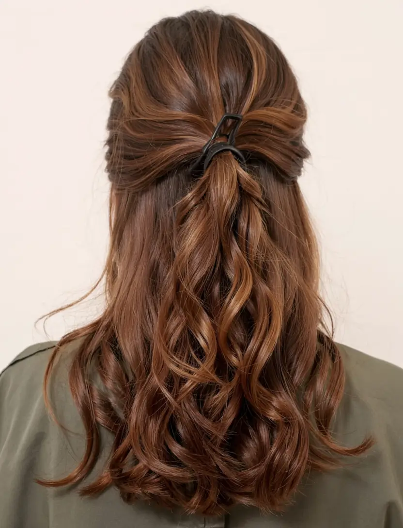 fall hairstyle for long hairs 2025+Half-Up Claw Clip with Glossy Auburn Layers