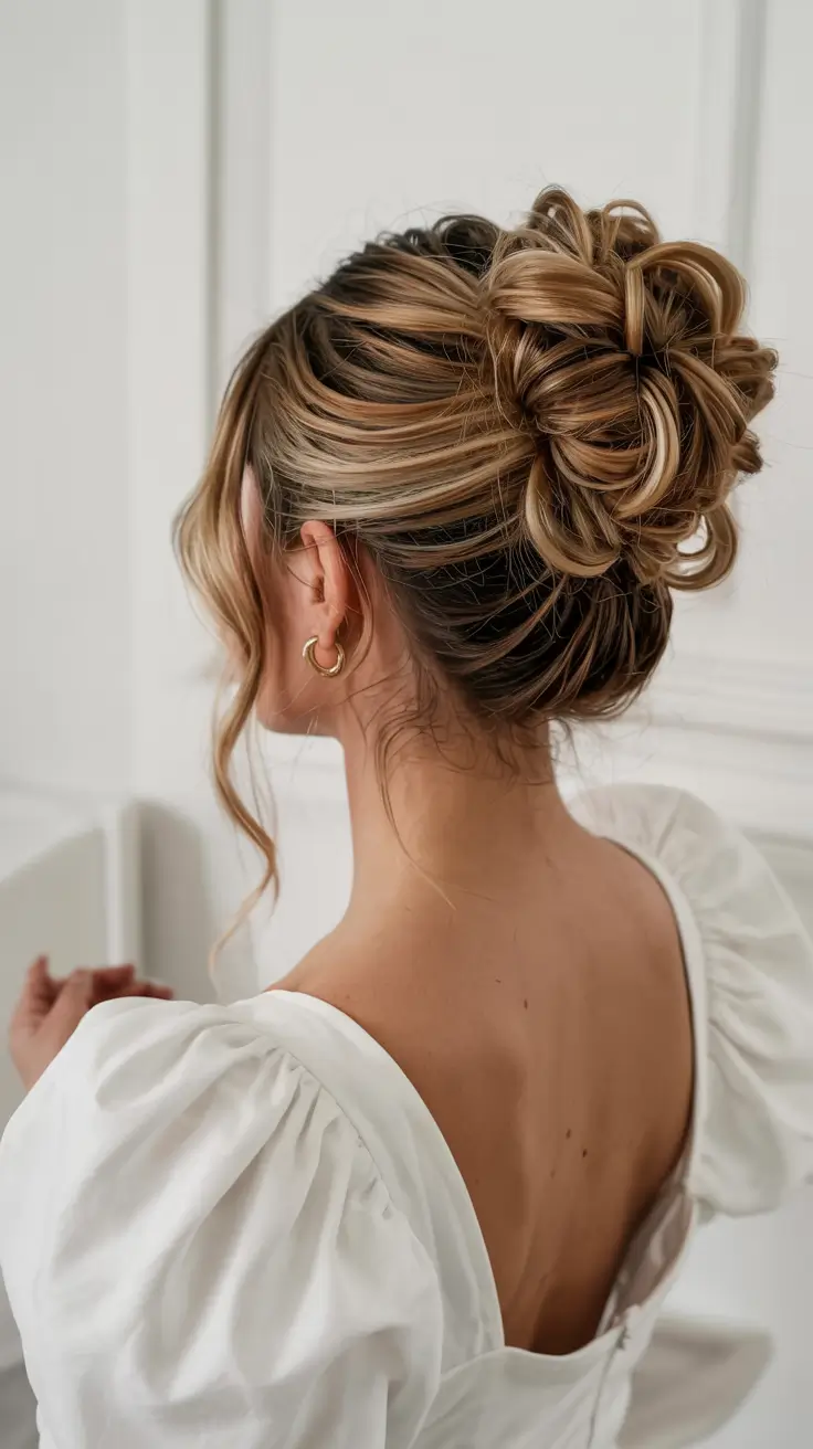 fall hairstyle for long hairs 2025+Golden Blonde Twisted Bun with Soft Highlights