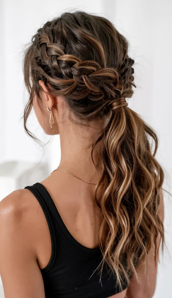 fall hairstyle for long hairs 2025+Braided Ponytail with Caramel Ribbon Highlights