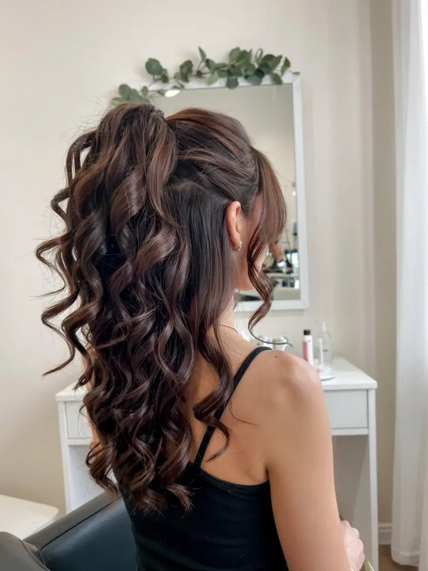 fall hairstyle for long hairs 2025+Voluminous Curly Ponytail with Crown Lift