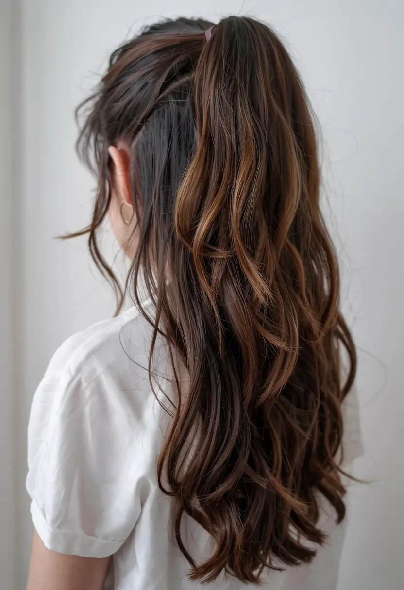 fall hairstyle for long hairs 2025+Simple Ponytail with Chestnut Tones and Casual Layers