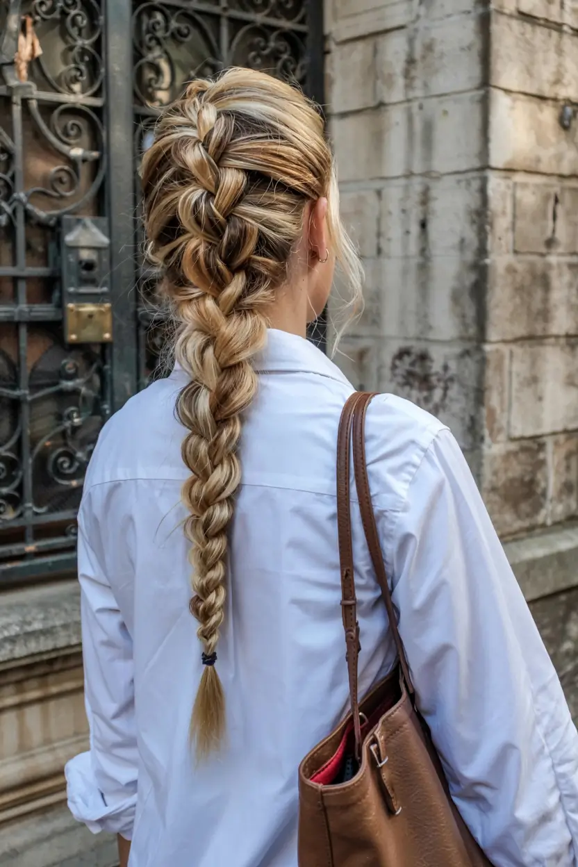 fall hairstyle for long hairs 2025+Chunky French Braid with Lived-In Blonde Contrast