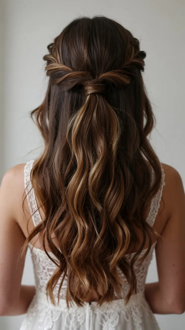 fall hairstyle for long hairs 2025+Half-Twist Crown with Chestnut Caramel Highlights