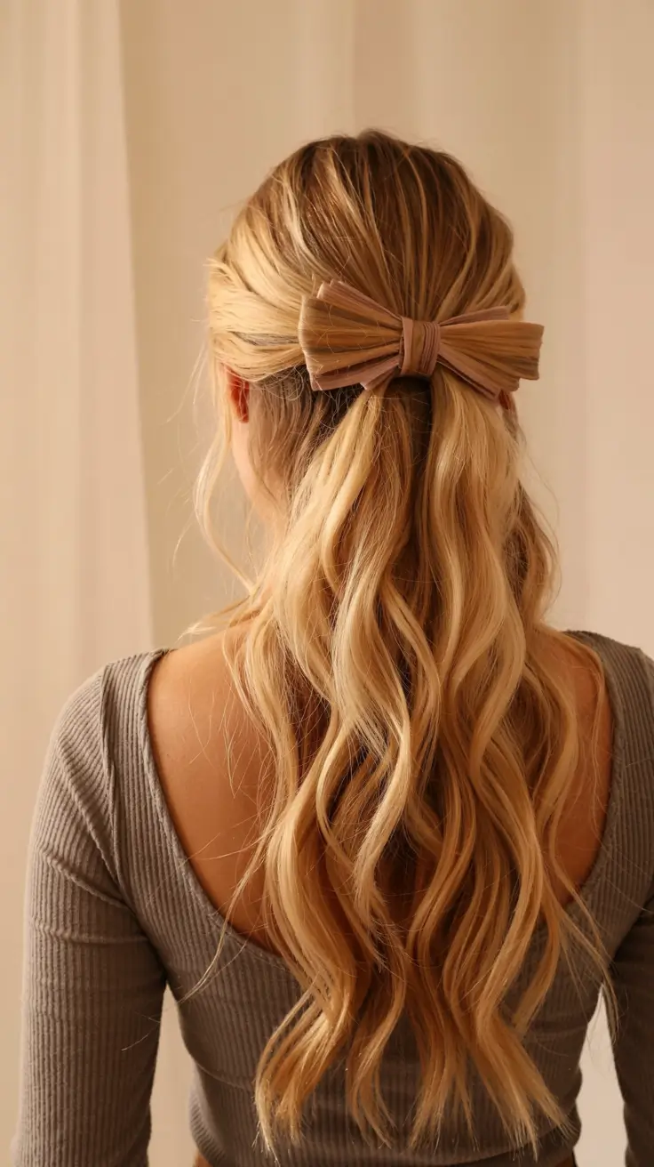 fall hairstyle for long hairs 2025+Blonde Half-Up Bow with Soft Glam Waves