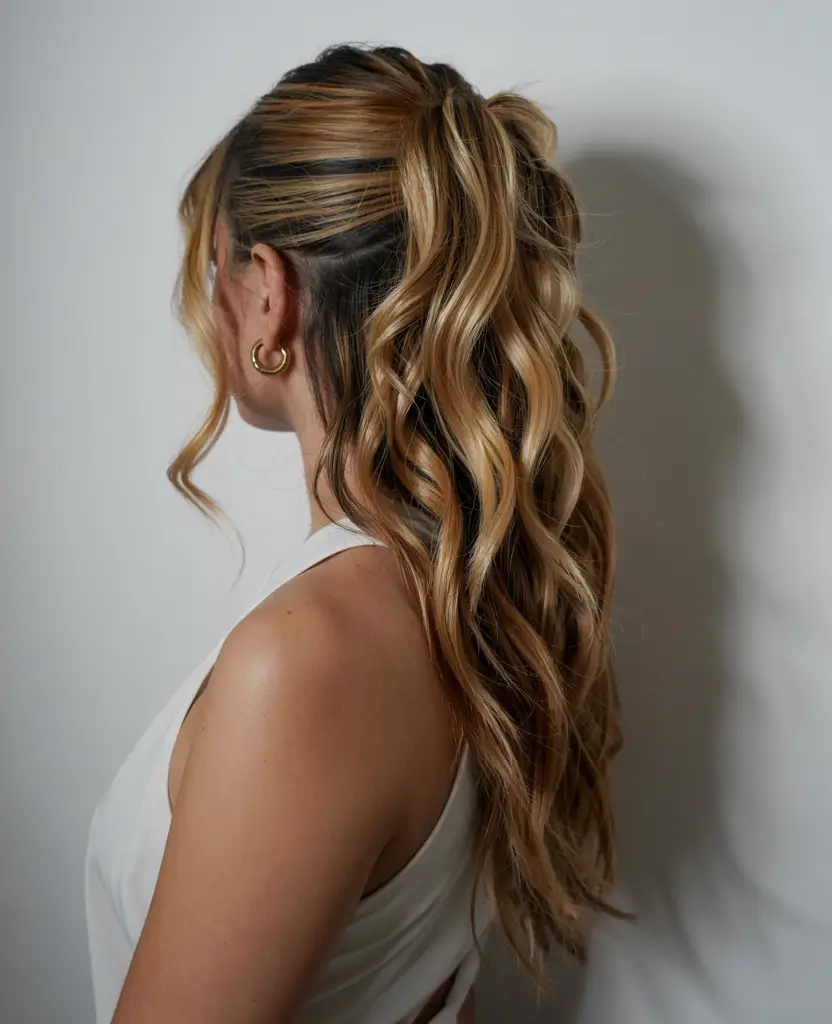 fall hairstyle for long hairs 2025+Chunky Curls in a High Pony with Golden Ribbons