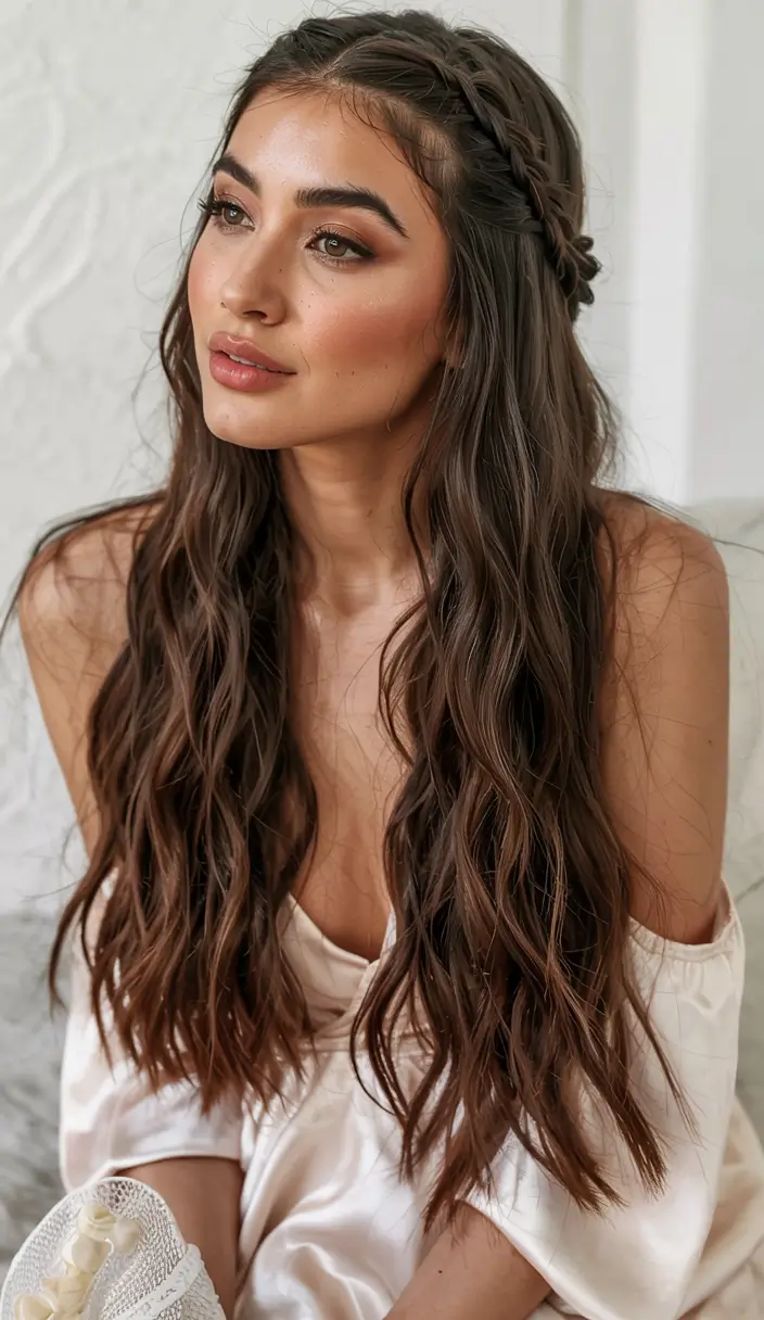 fall hairstyle for long hairs 2025+Loose Crown Braid and Face-Framing Waves