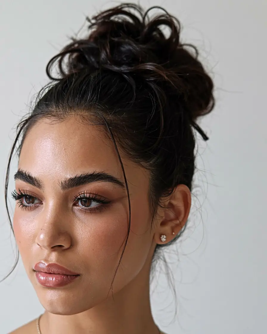 fall hairstyle for medium hair 2025 Messy Volume Bun with Face-Framing Wisps
