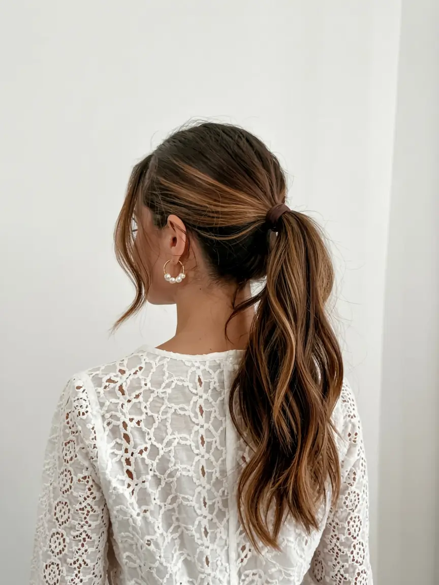 fall hairstyle for medium hair 2025 Simple Polished Ponytail with Warm Highlights