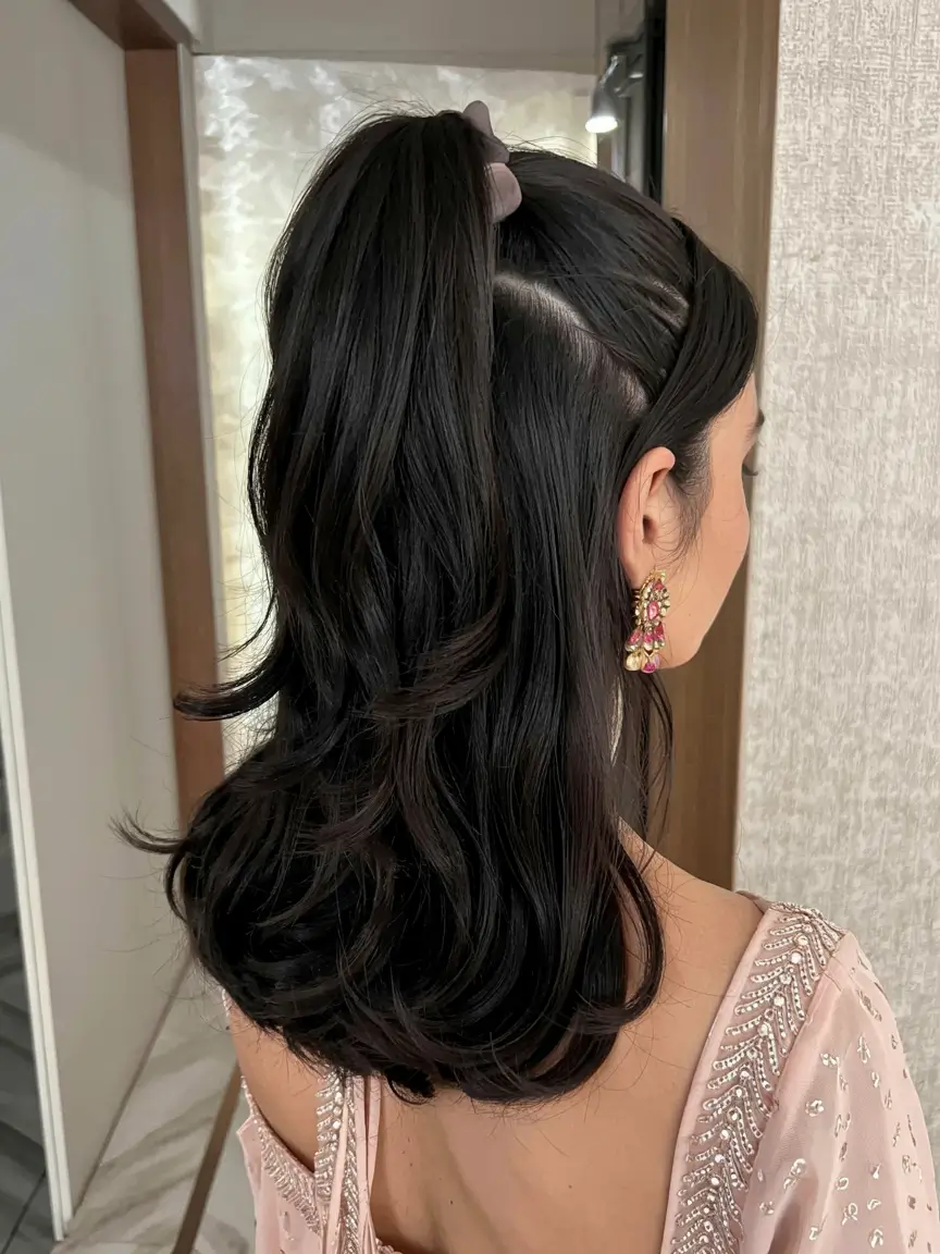 fall hairstyle for medium hair 2025 High Half Pony with Glossy Curls