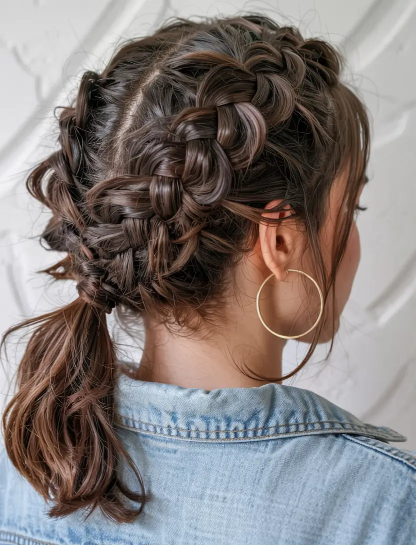 fall hairstyle for medium hair 2025 Woven Crown Pony Hybrid