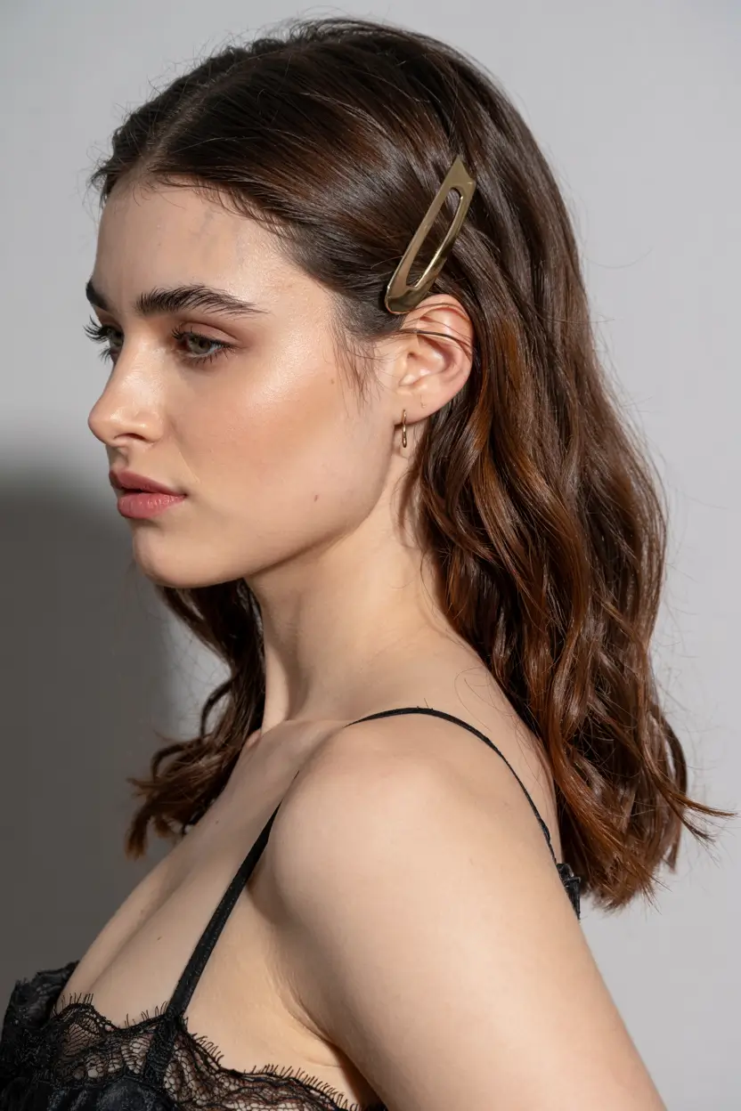 fall hairstyle for medium hair 2025 Minimalist Waves with Modern Clip
